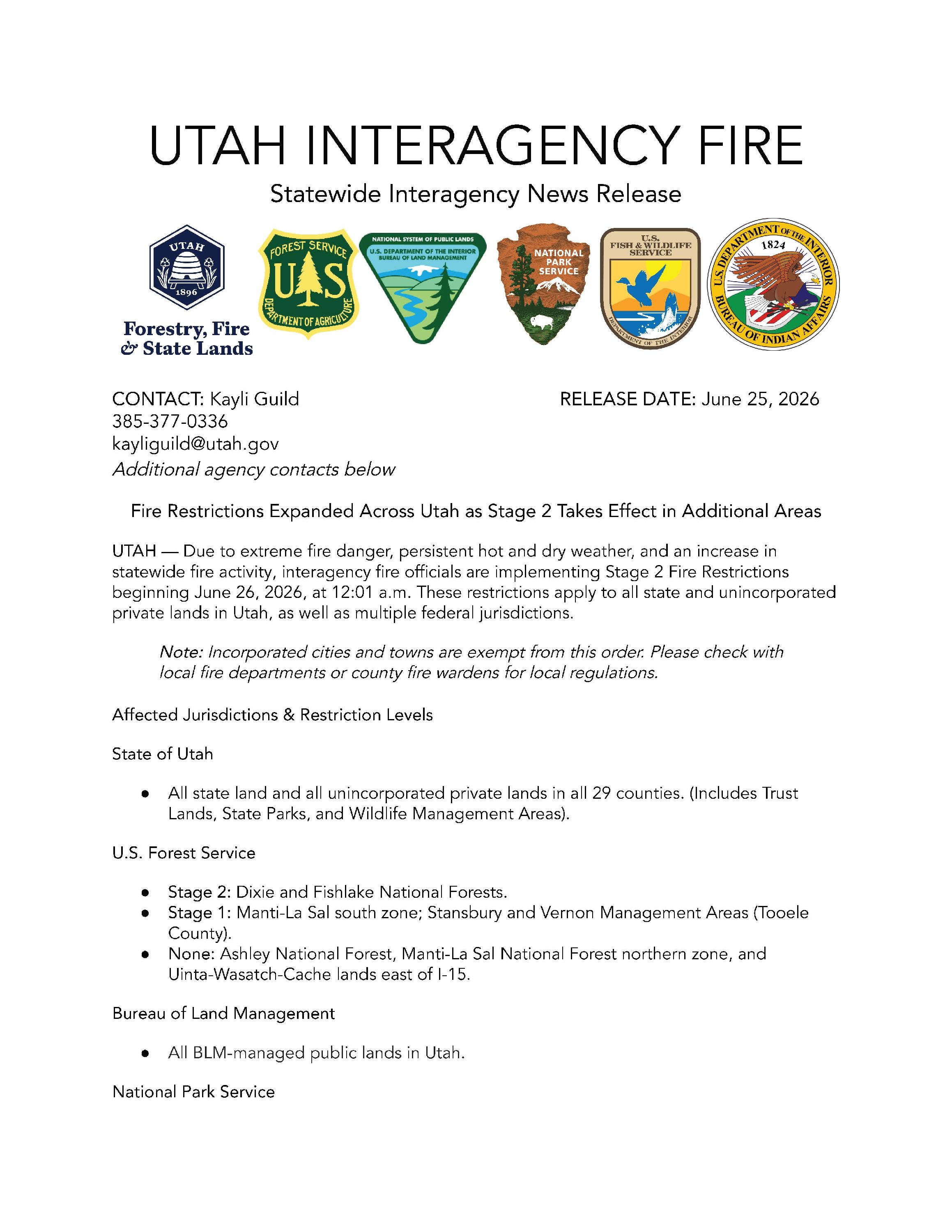 Official Utah Interagency Fire news release announcing expanded Stage 2 fire restrictions effective June 26, 2026, due to extreme fire danger. The notice outlines affected state and federal lands, notes that incorporated cities and towns are exempt, and includes agency logos and contact information.